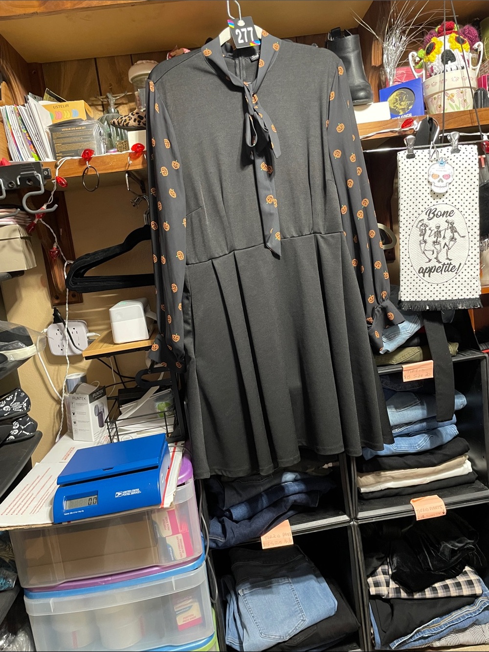 #277 1x smak parlour Black Long Sleeve Tie-Neck Dress with Pumpkin Print